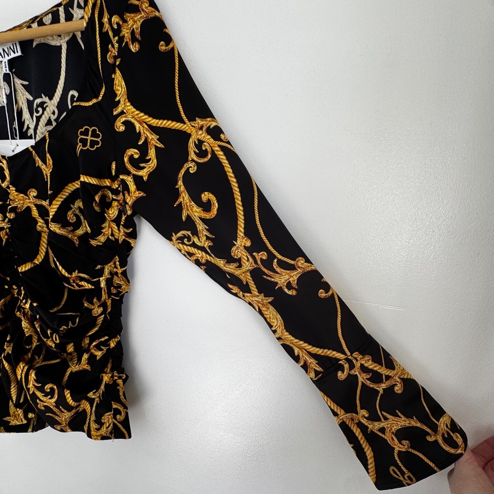 Ganni Silk Stretch Blouse Gathered Fitted Black & Gold Baroque - Picture 6 of 16